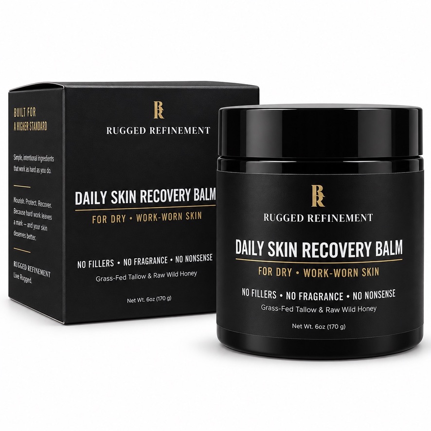 Rugged Refinement Daily Skin Recovery Balm jar and retail box